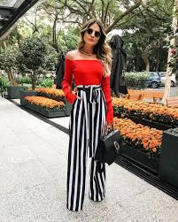 Black And White Striped Pants Womens Casual Chic Off The Shoulder Red Top With Black And White Striped Flared Pants Fashion Outfits Black And White Pants
