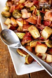 Roasted Potatoes With Brussels Sprouts And Bacon Is Perfect For Your Holiday Table With Tender Potato Sprout Recipes Side Dish Recipes Healthy Brussel Sprouts