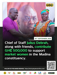 Chief of Staff Julius Debrah, along with friends, has contributed GHC  500,000 to support market women in the Madina constituency. #GBCNews