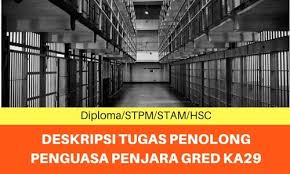 Jabatan penjara malaysia mempelawa warganegara yang berkelayakan serta berminat untuk memohon jawatan terbuka seperti berikut : Deskripsi Tugas Penolong Penguasa Penjara Gred Ka29 Dan Gaji