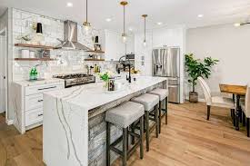, large silver subway, teal blue, swim8ng pool. Calacatta Quartz Countertops Design Guide In 2021 Calacatta Quartz Countertop Design Kitchen Design