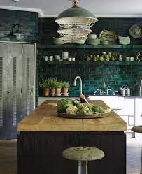 A Dark Green Tile Backsplash Is Extended On The Whole Wall And Green Lamps Echo It Greenkitchen Kitchen Inspirations Kitchen Interior Kitchen Design