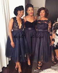 Short Tea Length Navy Blue Lace Tulle Bridesmaid Dresses Plus Size South African Maid Of Honor Junior Wedding Party Guest Dress Cheap Bridesmaid Dresses Plus Si Midi Bridesmaid Dress Bridesmaid Dresses