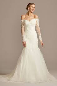 Even though mermaid and trumpet wedding dresses are often talked about together, they are not two names for the same wedding dress silhouette. Long Sleeve Lace And Tulle Trumpet Wedding Dress David S Bridal