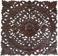 Oriental Home Decor Large Square Floral Wood Wall Hanging Decorative Tropical Wall Panel Espresso Fini Carved Wood Wall Art Asian Wall Art Wood Wall Plaques