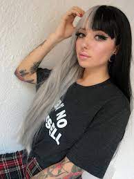 Home / synthetic wigs / wefted cap wigs / half black and half grey short straight synthetic wefted cap wig lg293. Half Black Half Grey Striaght Lace Front Wig With Full Bangs All Synthetic Wigs Evahair Hair Color For Black Hair Split Dyed Hair Two Color Hair