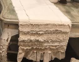 Custom Farmhouse Table Runner Or Dresser Runner Multi Ruffle Ivory Canvas Linen Shabby Lace Handmade French Country Table Runner In 2020 Custom Farmhouse Table Farmhouse Table Runners Country Table Runner
