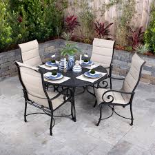 Elysian 5 Piece Padded Sunbrella Sling Patio Dining Set W 52 Inch Round Table By Lakeview Outdoor Designs Bbqguys Patio Dining Set Patio Furniture Dining Set Round Outdoor Dining Table