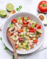 This shrimp ceviche is made with limes, lemon, red onion, cucumber, chile peppers, cilantro, and avocado. Eat Fresh With This Cilantro Lime Shrimp Ceviche Chopped Salad Clean Food Crush