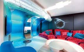 Living Room Design With Curvy Glass Wall Interior Design In Avant Garde Style Ocean Decor Colorful Interior Design Futuristic Interior