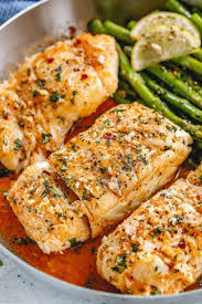 Garlic Butter Cod With Lemon Asparagus Skillet Healthy Fish Recipe Cod Recipes Healthy Fish Dinner Recipes Fish Recipes Healthy