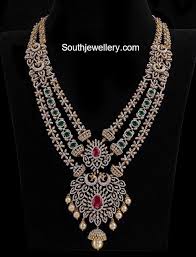 18 Carat Gold Layered Bridal Diamond Haram Adorned With Diamonds Emeralds Rubies And S Bridal Diamond Jewellery Diamond Jewelry Designs Long Diamond Necklace