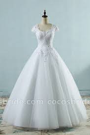 Appliques Cap Sleeve Tulle A Line Wedding Dress In 2020 Ball Gowns Wedding Ball Gown Wedding Dress Long Sleeve Ball Gown Wedding Dress