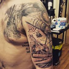 Black And Grey Half Sleeve Tattoo Ideas Cool Black And Grey Map Half Sleeve And Chest Tattoo I Did Brokenpuppet Sleeve Tattoos Tattoos Tattoos For Guys