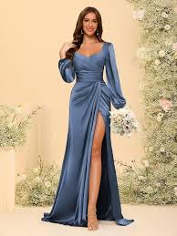 Dessiny Aqua Blue Long Sleeve Bridesmaid Dresses for Women 2025 High Slit  Satin Long Ruched Sweetheart Formal Gown Evening Dresss US0 : Clothing,  Shoes & Jewelry