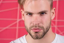 Bearded Man with Healthy Young Skin. Guy with Beard and Mustache Hair.  Macho with Unshaven Face Stock Image