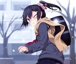 Girl with black hair and blue eyes by chibi alaude chan on. Hd Wallpaper Anime Original Bag Black Hair Blue Eyes Blush Scarf Smile Wallpaper Flare