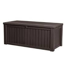 Keter Rockwood 150 Gal Deck Box In Espresso Brown 214301 The Home Depot Outdoor Deck Storage Box Deck Box Storage Outdoor Storage Bench