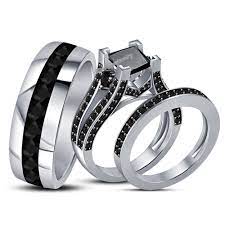 Bride Groom Trio Ring Set Princess Black Diamond 14k White Gold Wedding Bridal Wedding Ring Bands Set Wedding Ring Trio Sets Diamond Wedding Rings Women