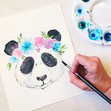 Panda Watercolor Panda Art Flower Crown Nursery Art Panda Painting Flower Crown Drawing Crown Art