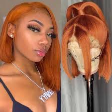 QVR Ginger Short Bob Wigs 4x4 13x4 Straight Human Hair Wig 180% Lace Front  Orange Wigs