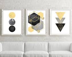 Bedroom Black And Gold Wall Decor Downloadable Set Of 3 Scandi Prints Black White Yellow Grey Etsy In 2020 Minimalist Wall Art Printable Wall Art Geometric Art