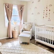 Baby Girl Nursery With Muted Rainbow Wall Decals In 2020 Baby Boy Room Nursery Childrens Room Wall Decor Nursery Design Neutral