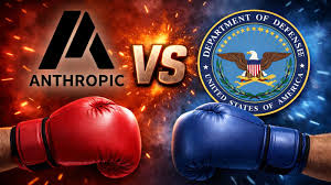 Cérebro robótico em meio a uma paisagem militar com a bandeira dos EUA ao fundo, simbolizando a interação entre IA e defesa.