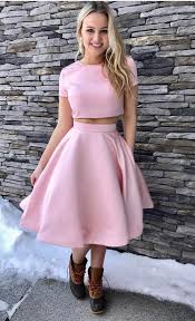 Pink Satin Short Sleeves Two Piece Cocktail Dresses Knee Length Homecoming Dresses Short Two Piece Cocktail Dresses Tea Length Homecoming Dresses