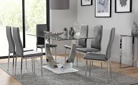Peake Glass And Chrome Dining Table White Gloss Base With 6 Leon Grey Chairs White Dining Room Sets Glass Dining Room Table Glass Dining Table