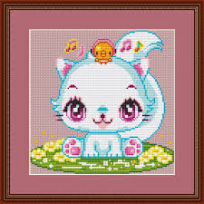 Alphabet and pink and blue floss provided to personalize the design. Musical Kitten Cross Stitch Pattern Cat Chicken Easter Cute Funny Kids Baby Child Deco Kawaii Cross Stitch Cat Cross Stitches Cat Cross Stitch Pattern