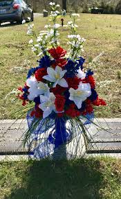 One light is placed behind. Patriotic For Cemetery Grave Vase Memorial Flowers Funeral Floral Arrangements Church Flower Arrangements