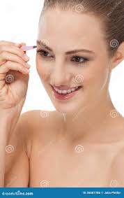 Youtg Beautiful Woman Eyebrow Plucking Tweezers Eyes Hair Stock Photo