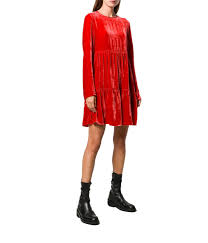 Abito a balze in velluto elasticizzato, manica lunga con polsino elastico, senza sottoveste. Semicouture Abito Donna Rosso Candice In Velluto Simonte Abbigliamento