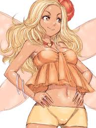 fumio (rsqkr), sandy (dq9), dragon quest, dragon quest ix, level-5, 1girl,  blonde hair, breasts, brown eyes, choker, cleavage, dark-skinned female,  dark skin, fairy, fairy wings, female focus, flower, ganguro, gyaru, hair  flower,