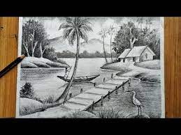 Easy drawing ideas for cool things to draw when you are bored. How To Draw Easy Pencil Sketch Scenery Landscape Pahar And River Side Scenery Drawing Yout Drawing Scenery Landscape Art Painting Landscape Pencil Drawings