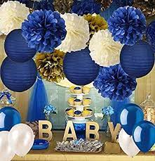 Amazon Com Navy Blue Baby Shower Decorations Navy Blue Cream Gold Tissue Paper Flowers Pom Poms Paper Lanterns For Royal Prince Birthday Graduation Bridal Show
