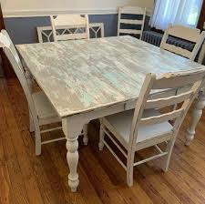 Refab White Blue Gray Chippy Paint Farmhouse Table And 5 Chairs 54 Square In 2020 Painted Farmhouse Table Painted Kitchen Tables White Farmhouse Table