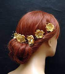 Gold Flower Hair Pins Wedding Hair Accessories Set Of 5 Hair Clips Silk Flower Hair Pins Gold Hair Accessories Flower Hair Pin Bridesmaid Hair Accessories