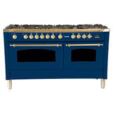 Maybe you would like to learn more about one of these? Hallman 60 In 6 Cu Ft Double Oven Dual Fuel Italian Range True Convection 8 Burners Griddle Lp Gas Brass Trim In Blue Hdfr60bsbulp The Home Depot