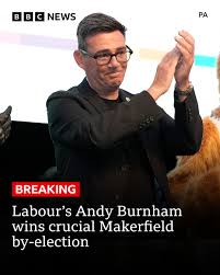 Labour's Andy Burnham wins the Makerfield by-election, paving the way for  him to challenge Keir Starmer as Prime Minister. Read more:  https://bbc.in/4vVJQtP
