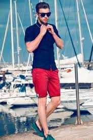 Black And White Shorts Outfit Men Men S Navy Short Sleeve Shirt Red Shorts Green Suede Driving Shoes Black Sunglasses Mens Outfits Stylish Mens Outfits Stylish Men