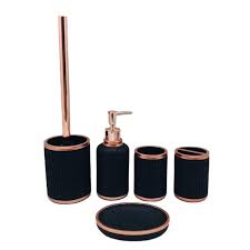 The design of this white and gold bathroom accessories is quite similar to the previous one. 5pcs High Quality Bath Accessories In Black With Geo Pattern Rose Gold Rim Polyresin Bathroom Accessory Set Low Price Buy Cheap Bathroom Accessories Sets China Bathroom Accessories Black Bathroom Accessories Sets Product