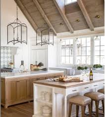 White And Rustic Wood Kitchen With Lantern Pendant Lighting Country Kitchen Designs French Country Kitchen Country Kitchen