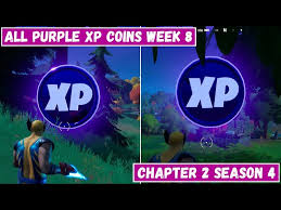 Collecting xp coins is an excellent way of getting experience to level up your battle pass quite fast in fortnite season 4. All 2 Purple Xp Coins Locations Week 8 Purple Power Punch Card Fortnite Chapter 2 Season 4