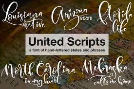 This font would be a great choice for illustrations or designs that really wanted to recreate a diy feel. United Scripts A Font Of States 22341 Calligraphy Font Bundles