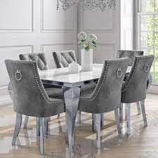 Available in a variety of shapes and sizes, white dining room sets work well in every home. 6 Seater Dining Set With White And Mirrored Table And Grey Velvet Chairs Jade Boutique Furniture123