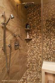 Shower Wall Tile 12x24 Earth Tone Porcelain With Built In Caesarstone Seat Shower Floor Are Round Bubble M Shower Wall Tile Master Bath Tile Bathrooms Remodel