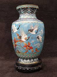 Rare Vase Cloisonne Chinois Grues Scene Tournante Avec Support Parfait Etat 2 Eur 165 00 Chinese Art Pottery Art