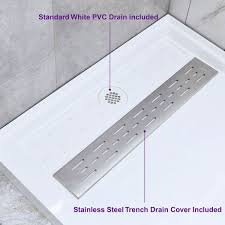 Shower pans work by collecting any water that might seep through the grout or tile over time. á… Woodbridge Sbr6032 1000l Solid Surface Shower Base With Recessed Trench Side Including Stainless Steel Linear Cover 60 L X 32 W X 4 H Left Drain White Color Woodbridge